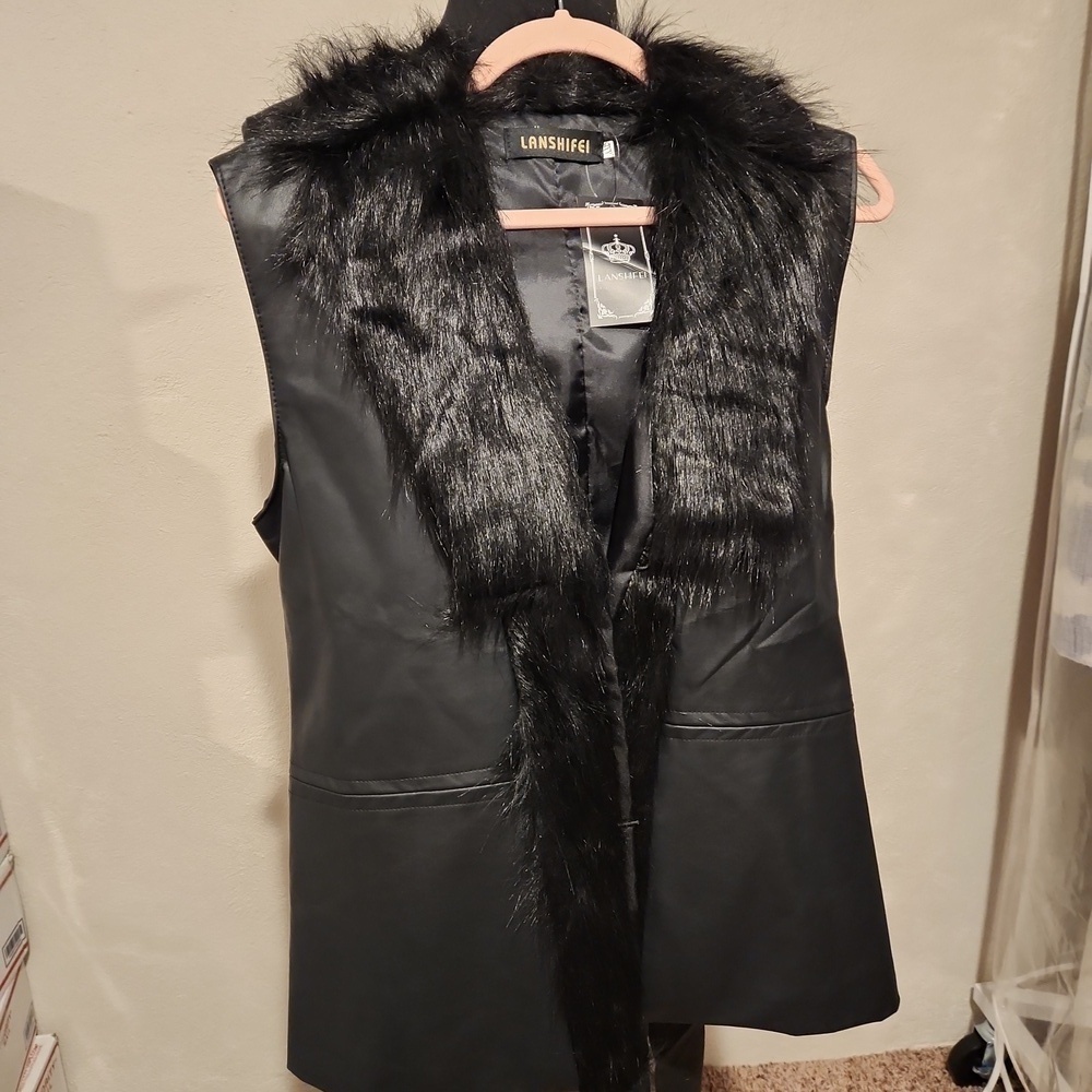 Lanshifei Vest Black Faux Leather Faux Fur Collar Trim Womens XXL